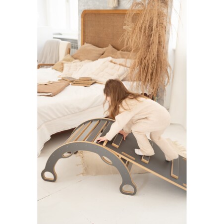 MAŁY bujak montessori z uchwytami + MAŁA zjeżdżalnia DRABINKA - szara