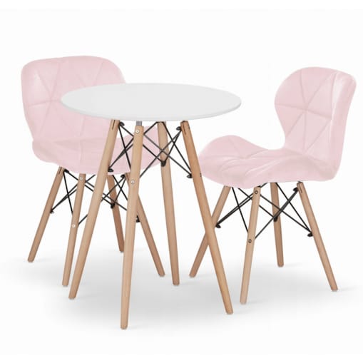 Zestaw Stół+ 2 Krzesła Różowe Do Jadalni Kuchni Salonu Biura Okrągły Biały