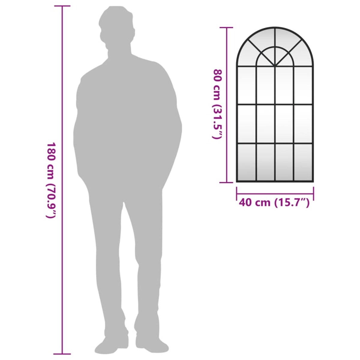 vidaXL Lustro ścienne, czarne, 40x80 cm, zakończone łukiem, żelazo