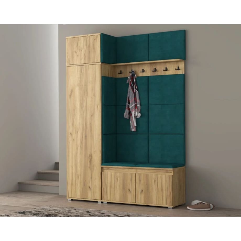 Garderoba z siedziskiem i nadstawką do przedpokoju SINGAPUR 154 dąb craft/zielony