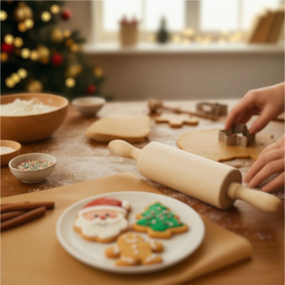 Zestaw do pieczenia dla dzieci MIRLI, drewniany wałek i 3 foremki