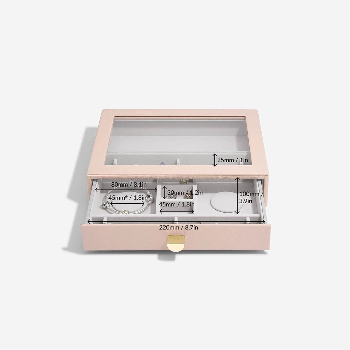 Szkatułka na charmsy Stackers classic różowa z szufladą i szklaną pokrywką