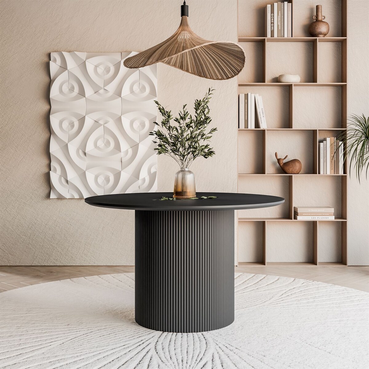 Okrągły stół do jadalni OVI z ryflowaną podstawą, czarny