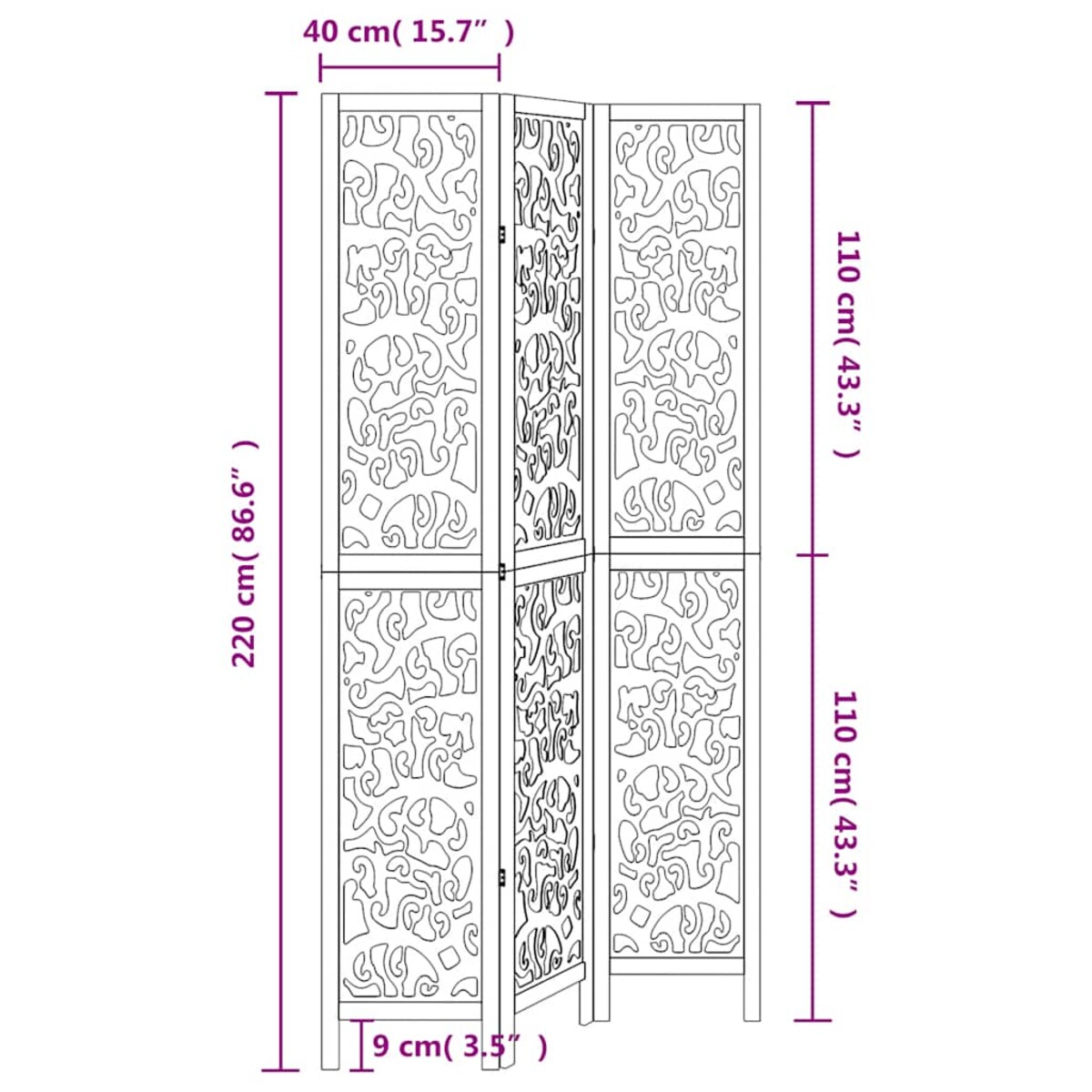 vidaXL Parawan pokojowy, 3-panelowy, biały, lite drewno paulowni