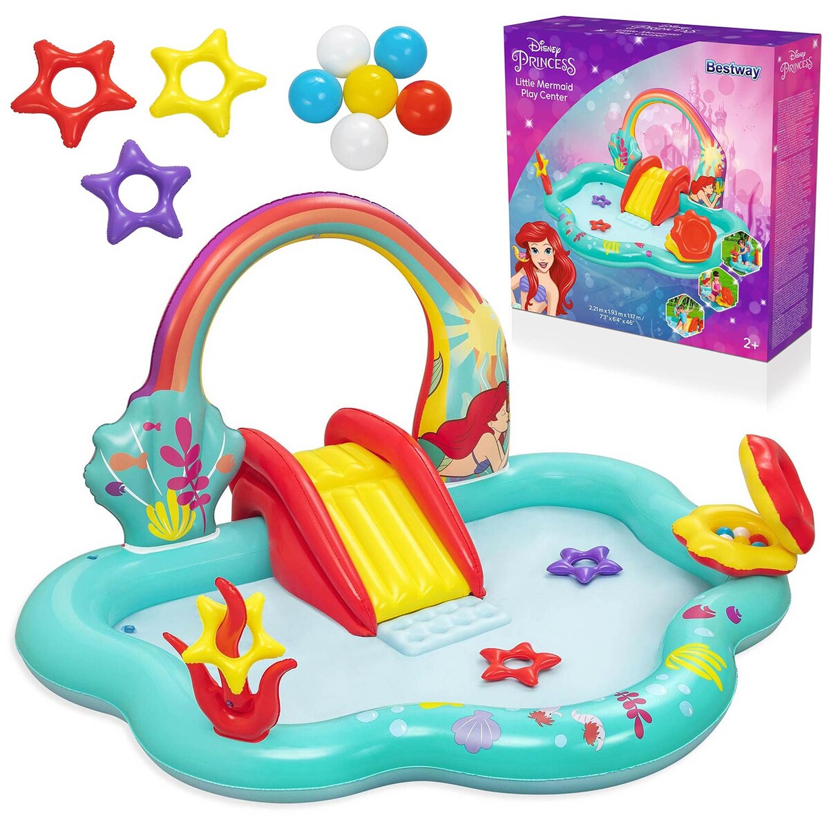 Dmuchany plac zabaw wodny Bestway 91097 Syrenka Disney zjeżdżalnia 211x206x127 cm