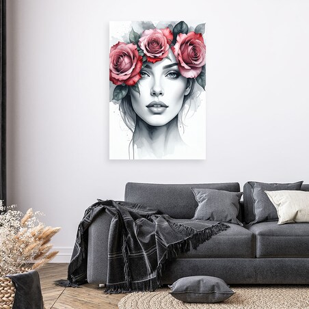Obraz do salonu sypialni, Portret Kobieta z kwiatami róży na głowie 40x60