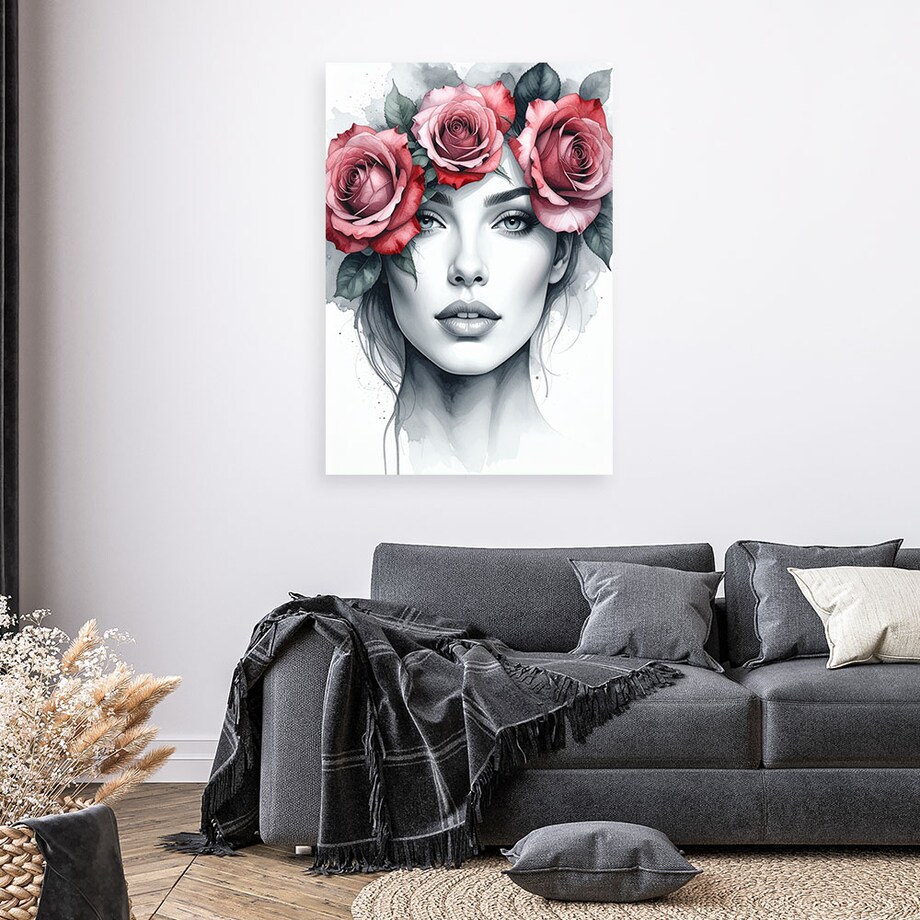 Obraz do salonu sypialni, Portret Kobieta z kwiatami róży na głowie 40x60
