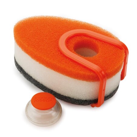Zestaw 3 gąbek do zmywania z pojemniczkiem na płyn (pomarańczowych) Soapy Sponge Joseph Joseph wycofane