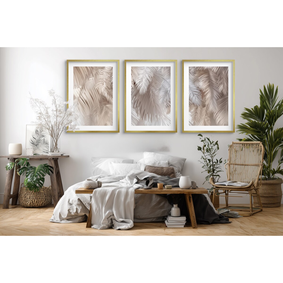 Plakaty w złotej ramie Obrazy do salonu sypialni Beżowe Liście Boho glamour