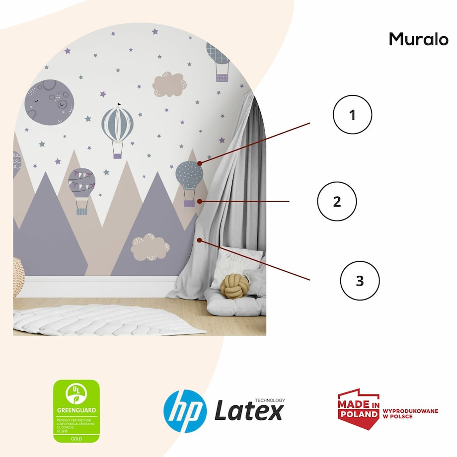 NAKLEJKI NA ŚCIANĘ DLA DZIECI FIOLETOWE GÓRY CHMURKI BALONY GWIAZDY ZESTAW