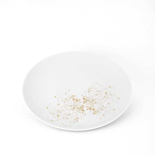 Biały talerz porcelanowy obiadowy 24 cm - motyw nakrapiania złotem dla gospodyni domu na parapetówkę