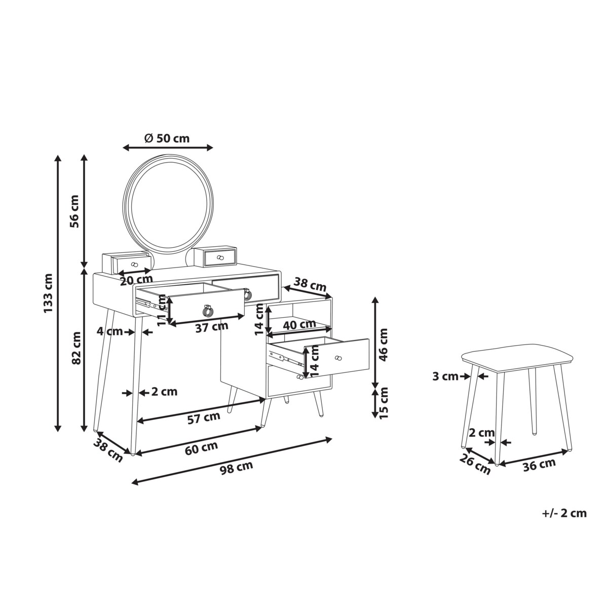Toaletka 6 szuflad lustro LED ze stołkiem czarno-złota YVES