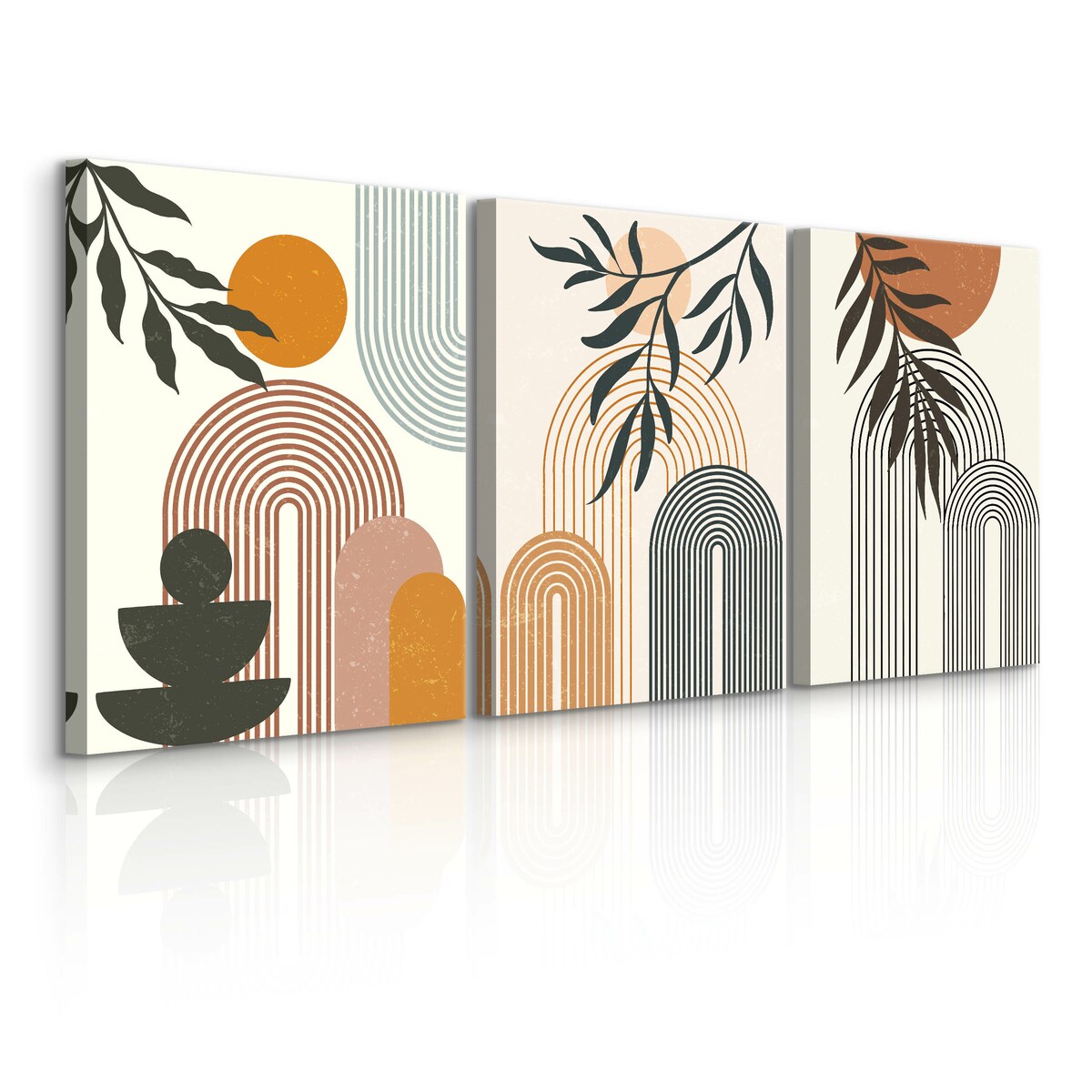 OBRAZY NA PŁÓTNIE SET STYL BOHO LIŚCIE AZTECKIE ORNAMENTY ABSTRAKCJA 90x40cm