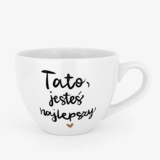 Biały kubek porcelanowy 500 ml - napis tato jesteś najlepszy ze złotym sercem dla taty na Dzień Ojca