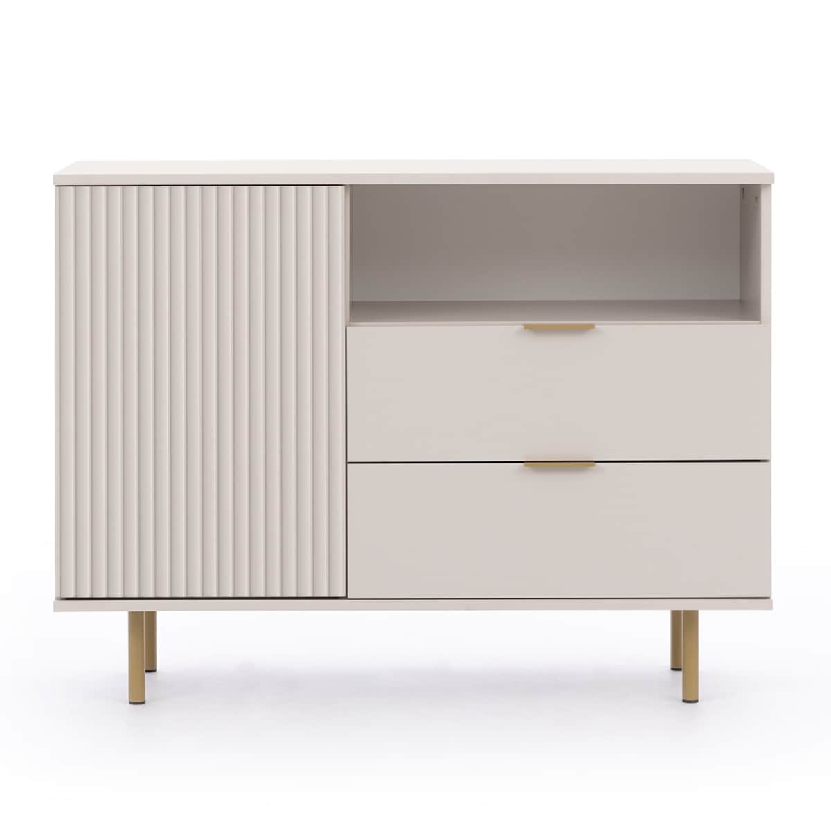 Komoda jednodrzwiowa z szufladami ryflowana beżowa/złote nóżki Molly