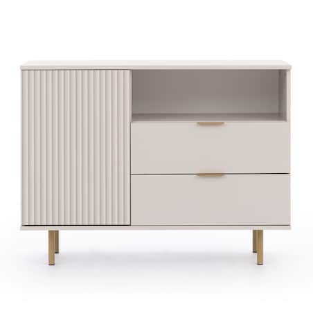 Komoda jednodrzwiowa z szufladami ryflowana beżowa/złote nóżki Molly