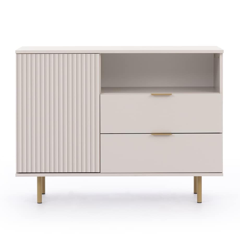 Komoda jednodrzwiowa z szufladami ryflowana beżowa/złote nóżki Molly