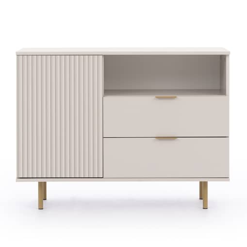 Komoda jednodrzwiowa z szufladami ryflowana beżowa/złote nóżki Molly