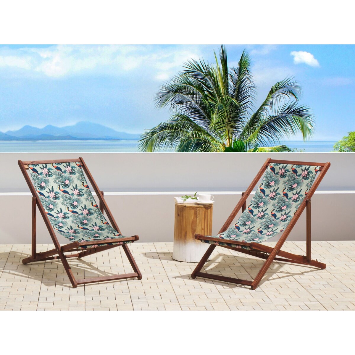 Zestaw 2 leżaków ogrodowych ciemne drewno akacjowe wzór w pelikany ANZIO