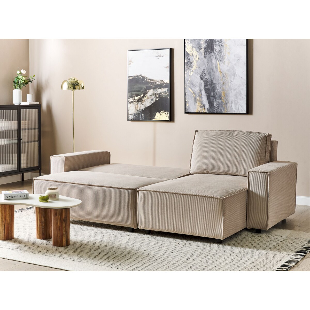 Narożnik lewostronny rozkładany sztruksowy beżowy ABACKA