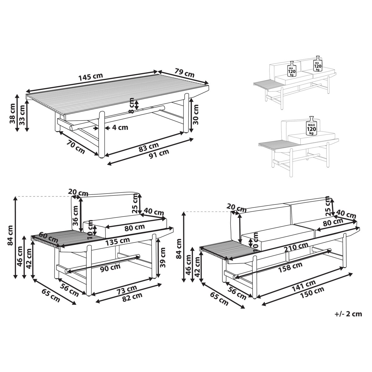Zestaw ogrodowy ze stolikiem dla 3 osób GIAVENO Drewno akacjowe Złamana biel