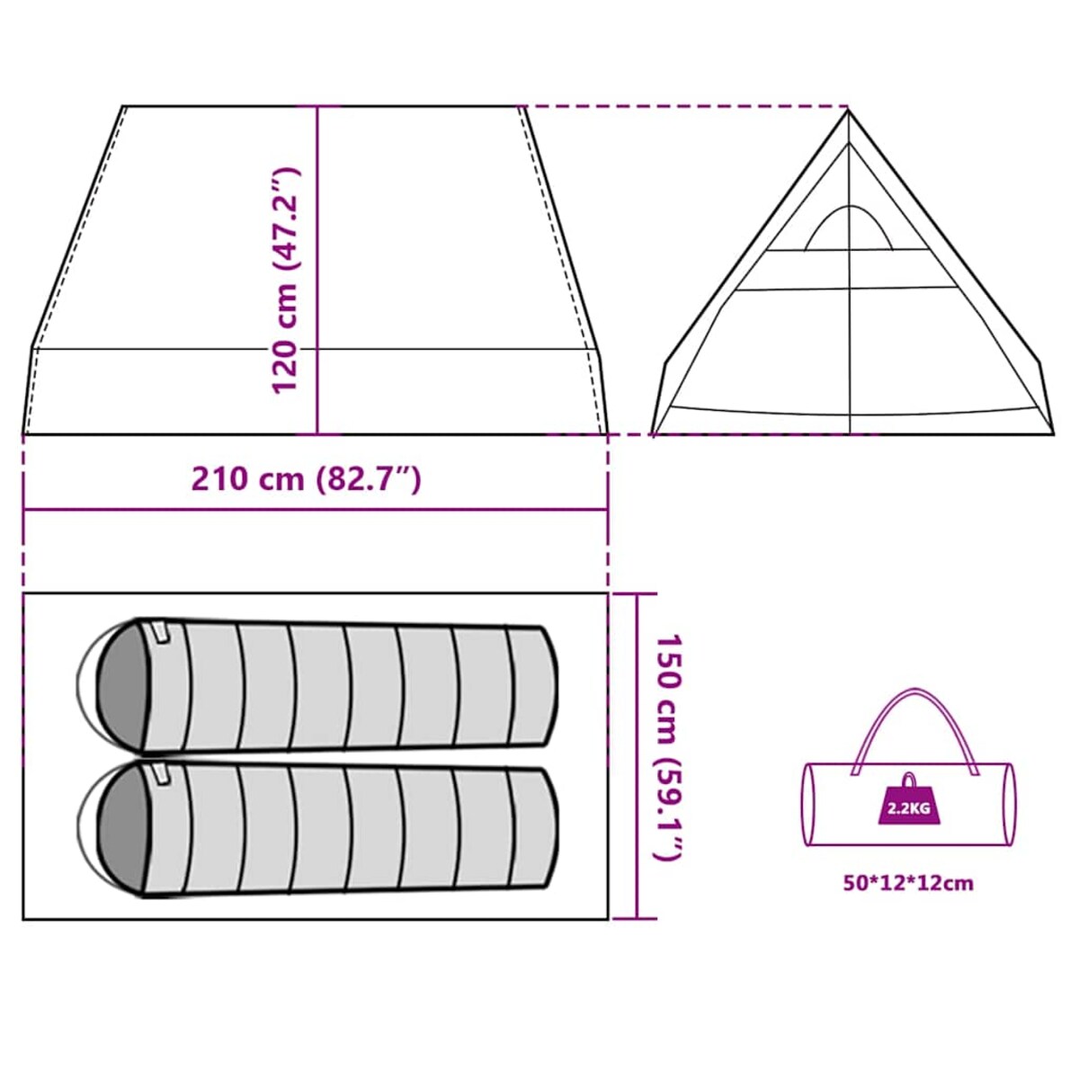 vidaXL Namiot turystyczny, 2-os., szary, wodoszczelny