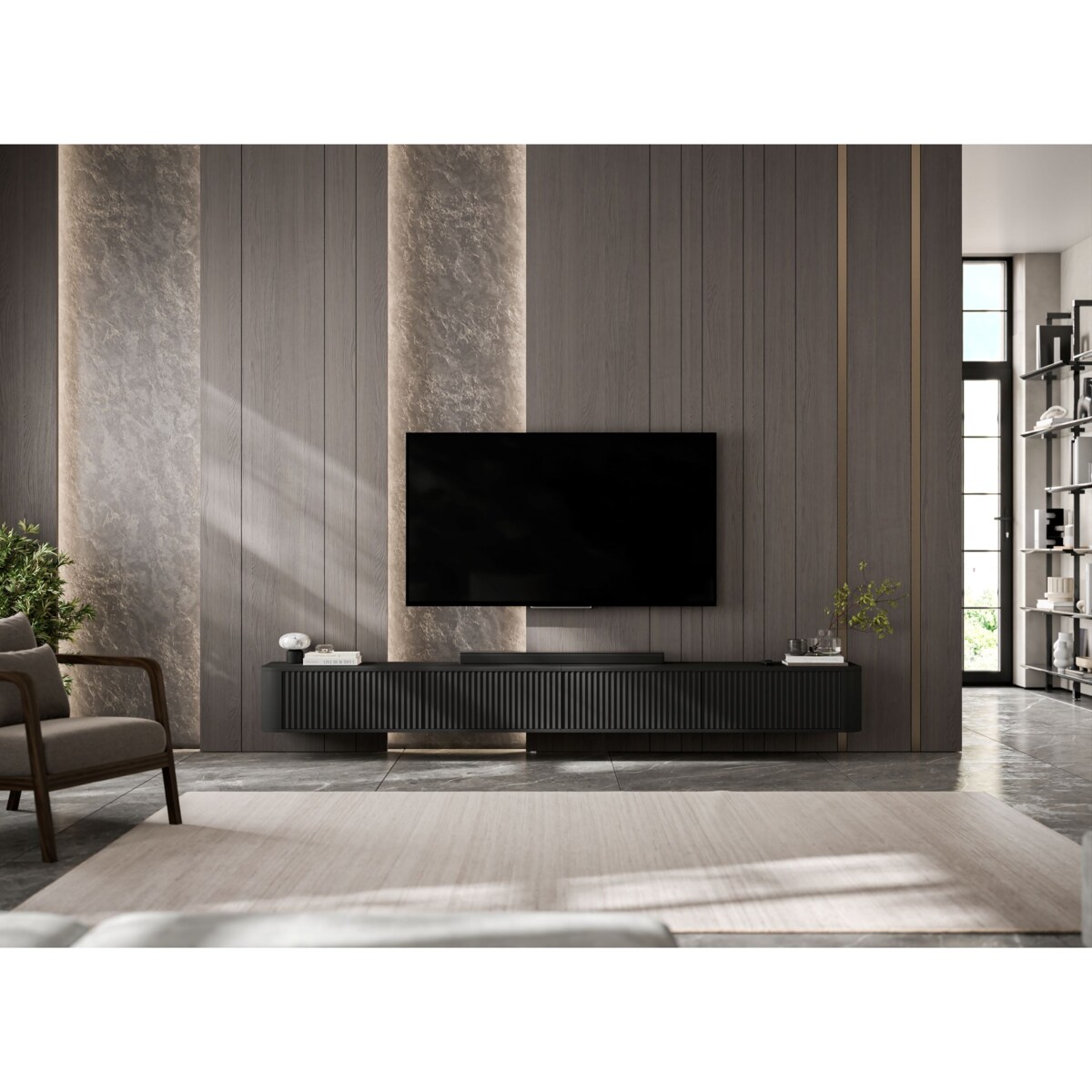 Szafka RTV Wisząca 280 cm Glamour Czarny Mat Nowoczesna Komoda RTV