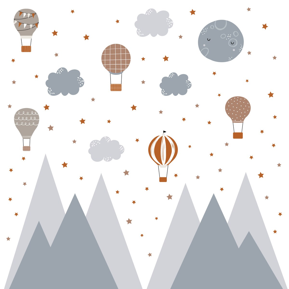 NAKLEJKI ŚCIENNE DLA DZIECI SZARE GÓRY GWIAZDKI CHMURY BALONY ZESTAW
