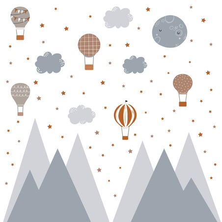 NAKLEJKI ŚCIENNE DLA DZIECI SZARE GÓRY GWIAZDKI CHMURY BALONY ZESTAW