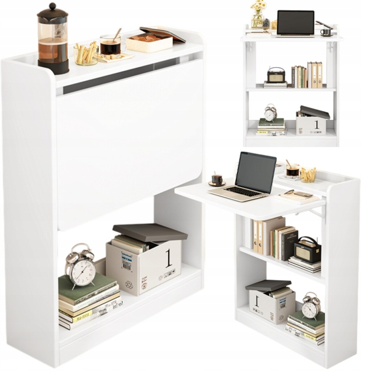 Biurko ścienne składane na laptopa białe szafka półka regał nowoczesne stół