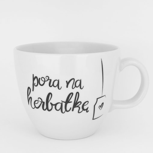 Biały kubek porcelanowy 1 litra - napis pora na herbatkę na urodziny dla miłośników herbaty