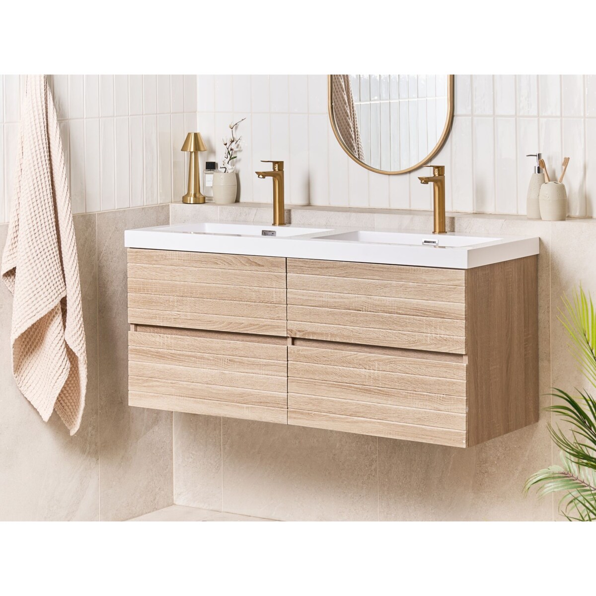 Szafka łazienkowa wisząca z podwójną umywalką URUCU 120 cm 55 cm Jasnobrązowy