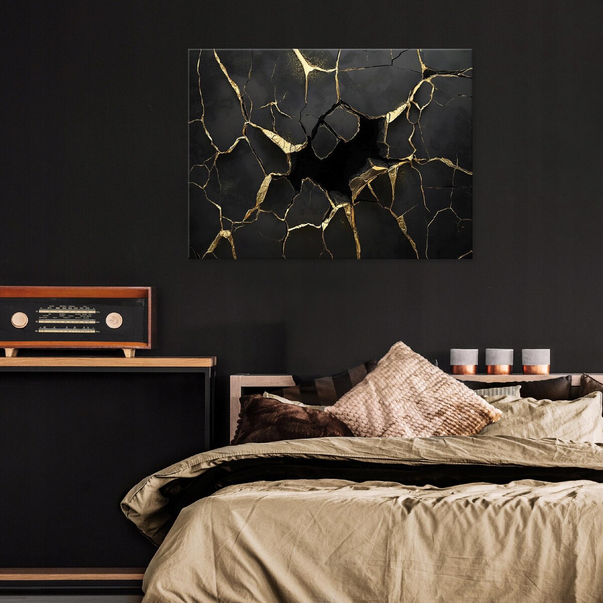OBRAZ CZARNY ZŁOTO MARMUR GLAMOUR DO SYPIALNI SALONU NA PŁÓTNIE 100x70
