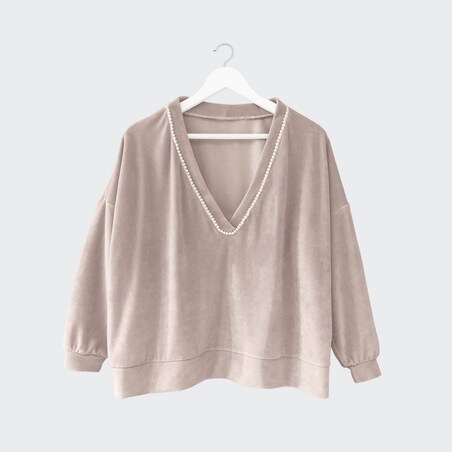 Welurowa beżowa bluza z perełkami przy dekolcie - S/M