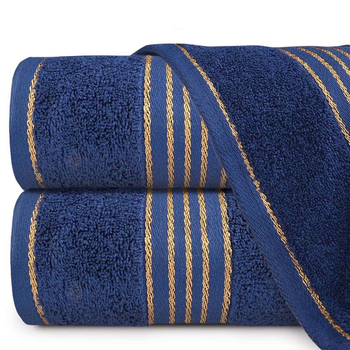 Ręcznik kąpielowy 50x90 cm bawełniany kolor ciemny niebieski z bordiurą w złote paski 500 g/m2 TIWANO