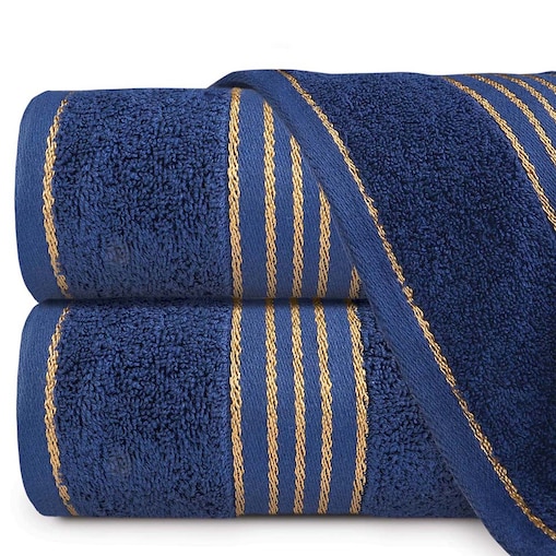 Ręcznik kąpielowy 50x90 cm bawełniany kolor ciemny niebieski z bordiurą w złote paski 500 g/m2 TIWANO