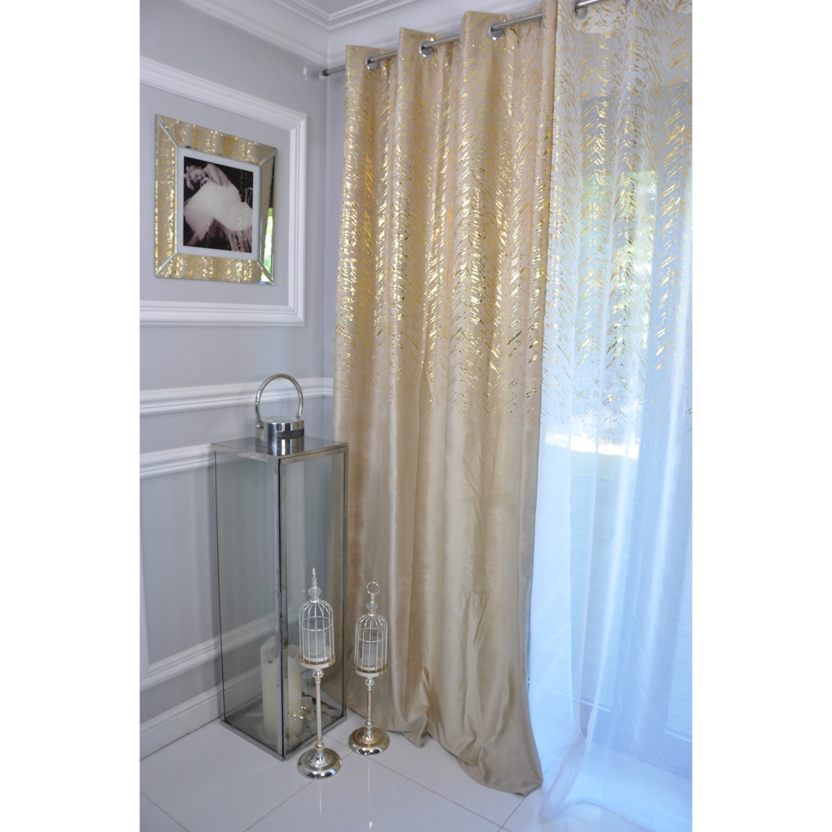 zasłona welurowa "velvet glow" złoty print 140x250 cm jasny beż