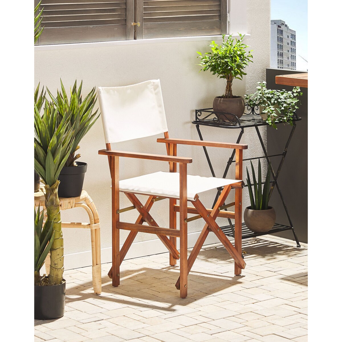 Zestaw 2 krzeseł ogrodowych akacjowy ciemne drewno z białym / wzór w tukany CINE