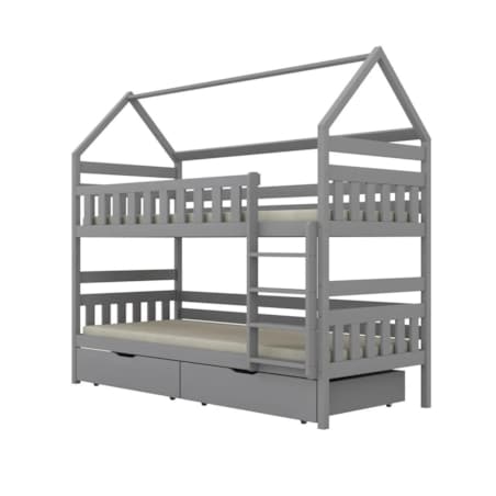 Łóżko piętrowe domek FELIKS 180x80 szare drewniane z szufladami