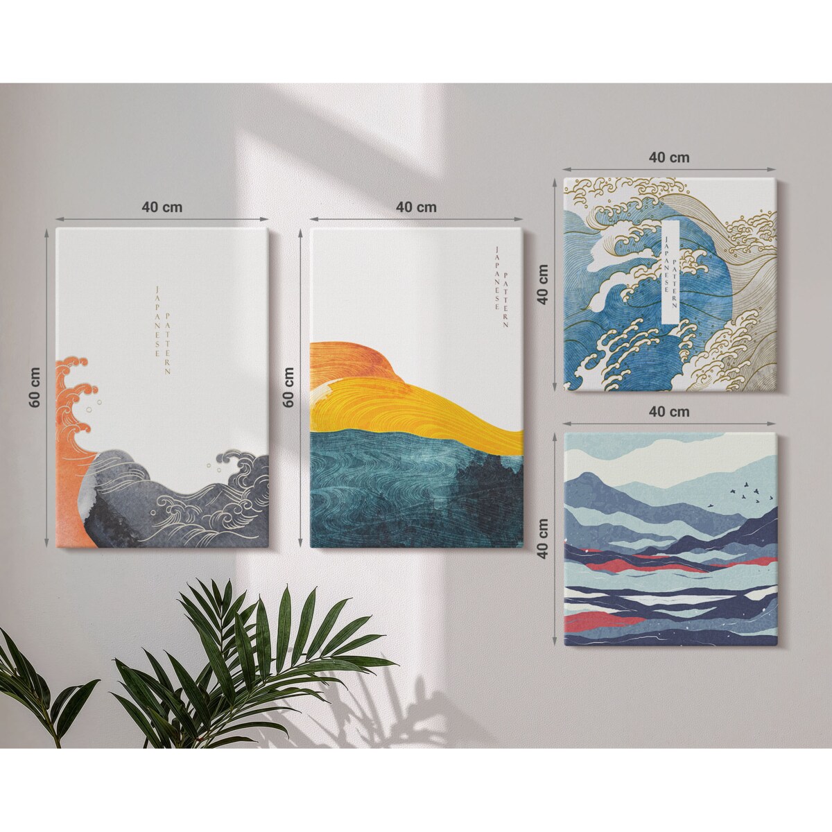 Zestaw 4 obrazów na płótnie - Fale sztuka japońska grafika - niebieski