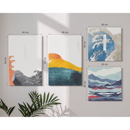 Zestaw 4 obrazów na płótnie - Fale sztuka japońska grafika - niebieski