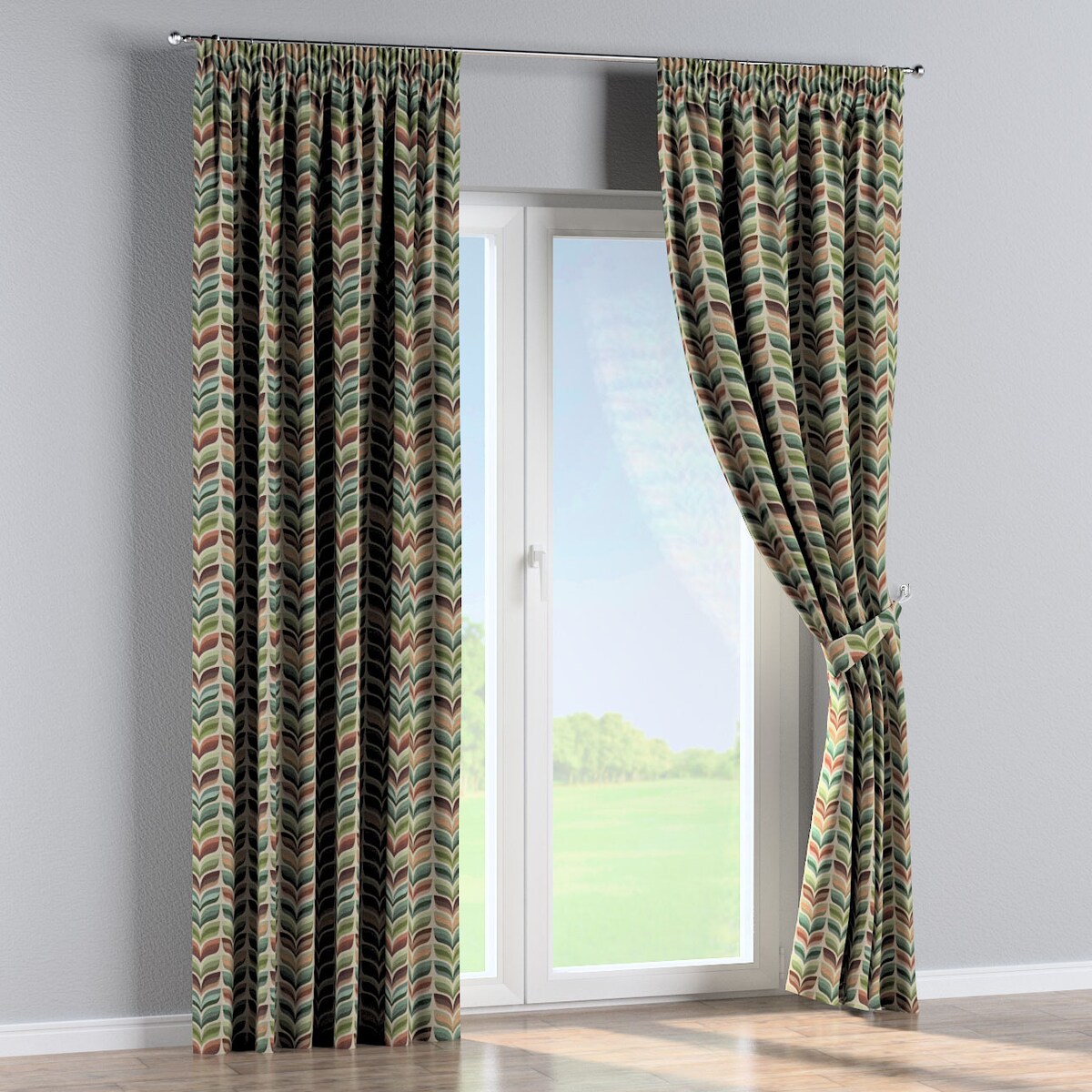 Zasłona na taśmie marszczącej 1 szt. 130x260 zielono-beżowy motyw roślinny