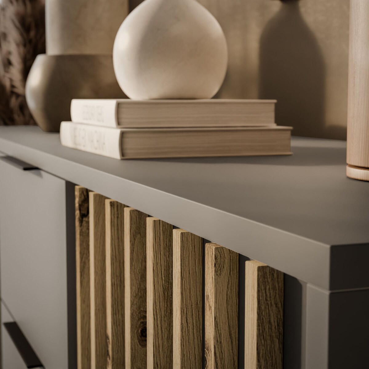 Dwudrzwiowa komoda NELA z lamelami, szary + dab artisan