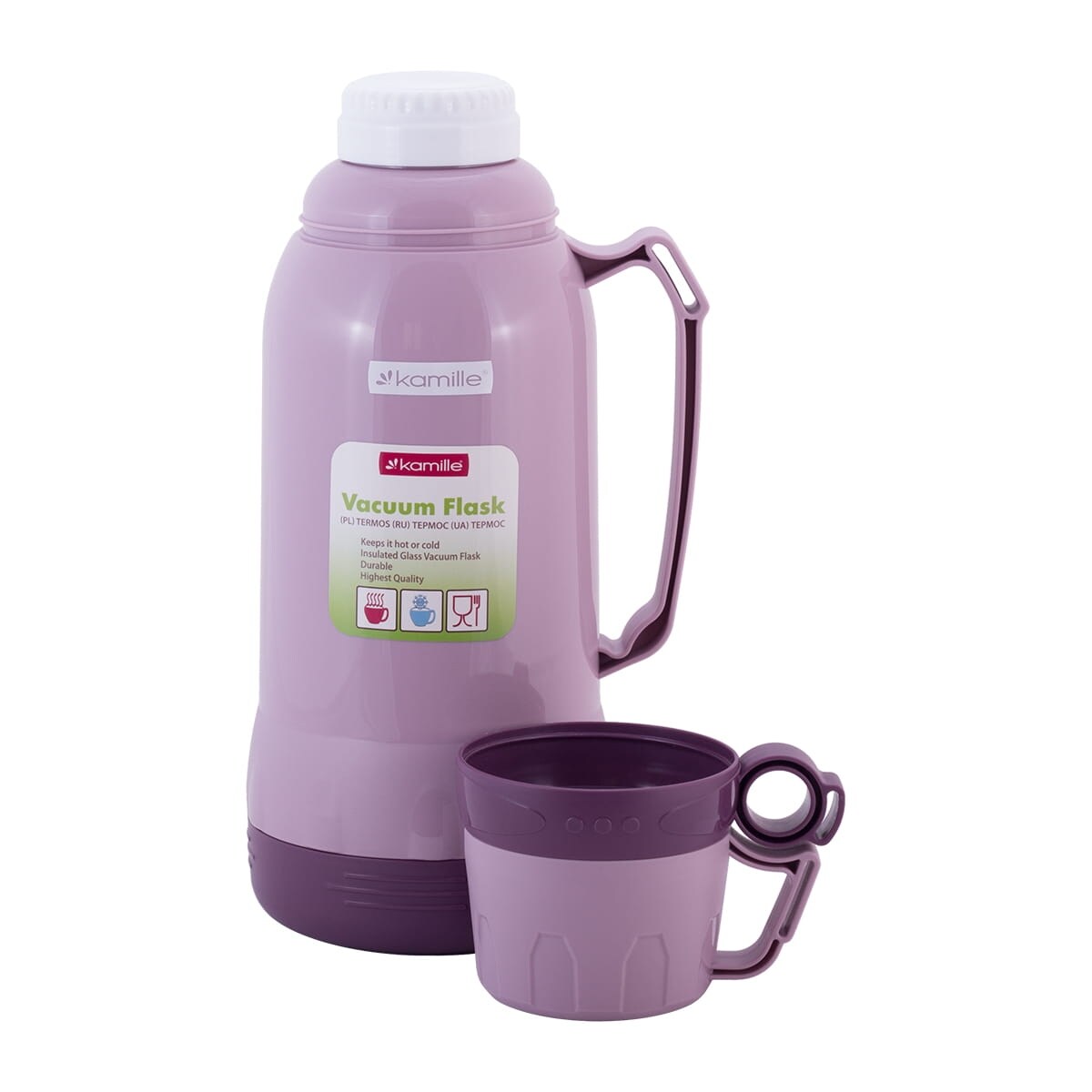 Termos ze szklanym wkładem uchwytem i kubeczkami 1.8L 3 kolory KAMILLE