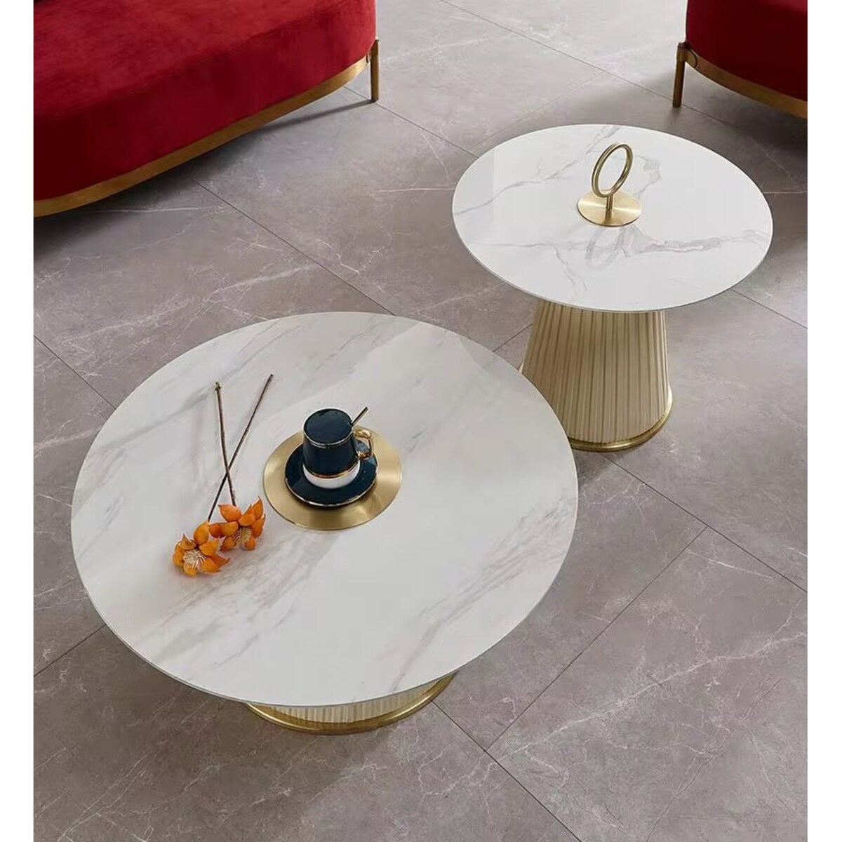 Złoty stolik kawowy plisowany Premium z kamiennym blatem Blanka 60x60x50