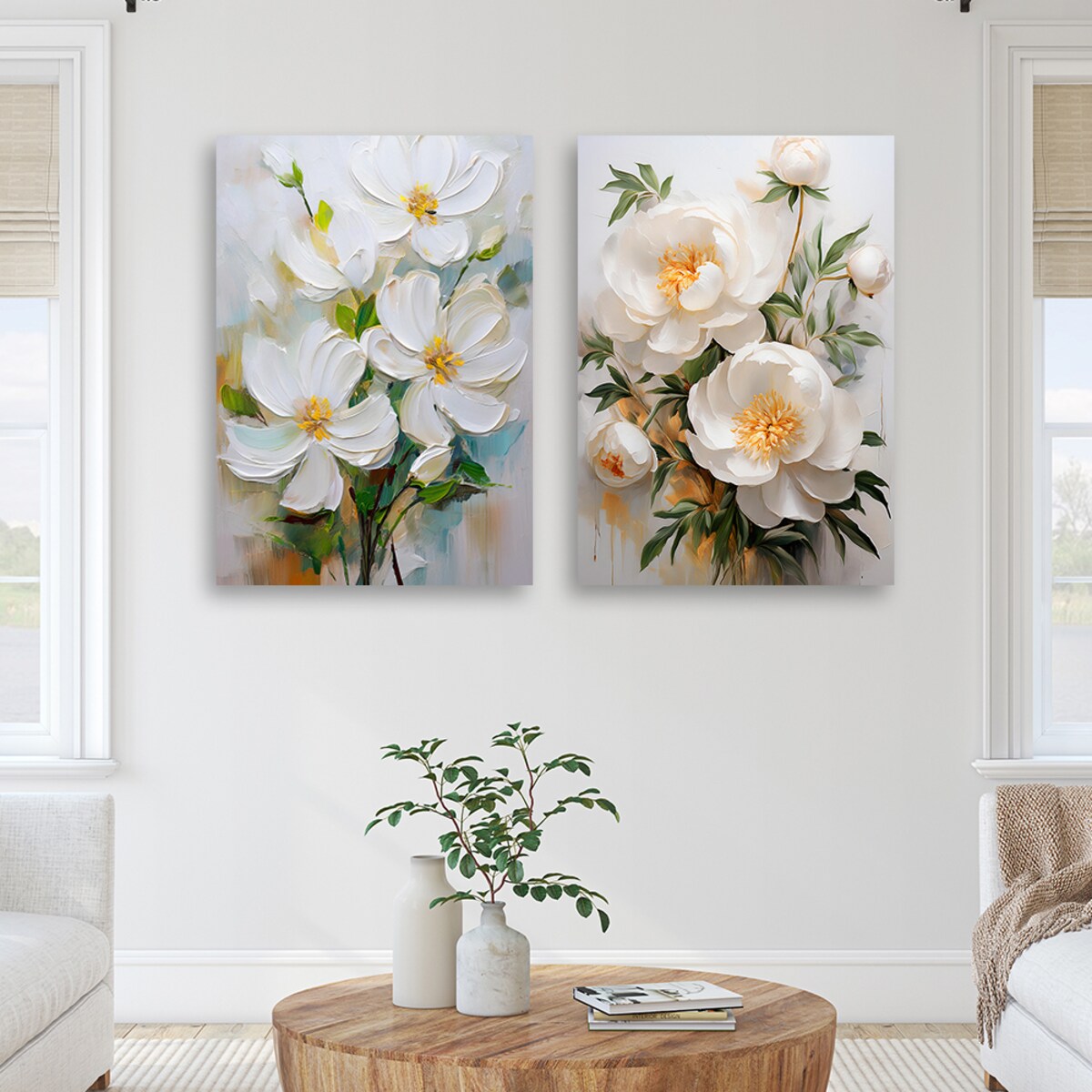 Zestaw set 2 beżowych obrazów na płótnie do salonu sypialni kuchni, Kwiaty Piwonie jak malowane 80x60 (2x40x60)