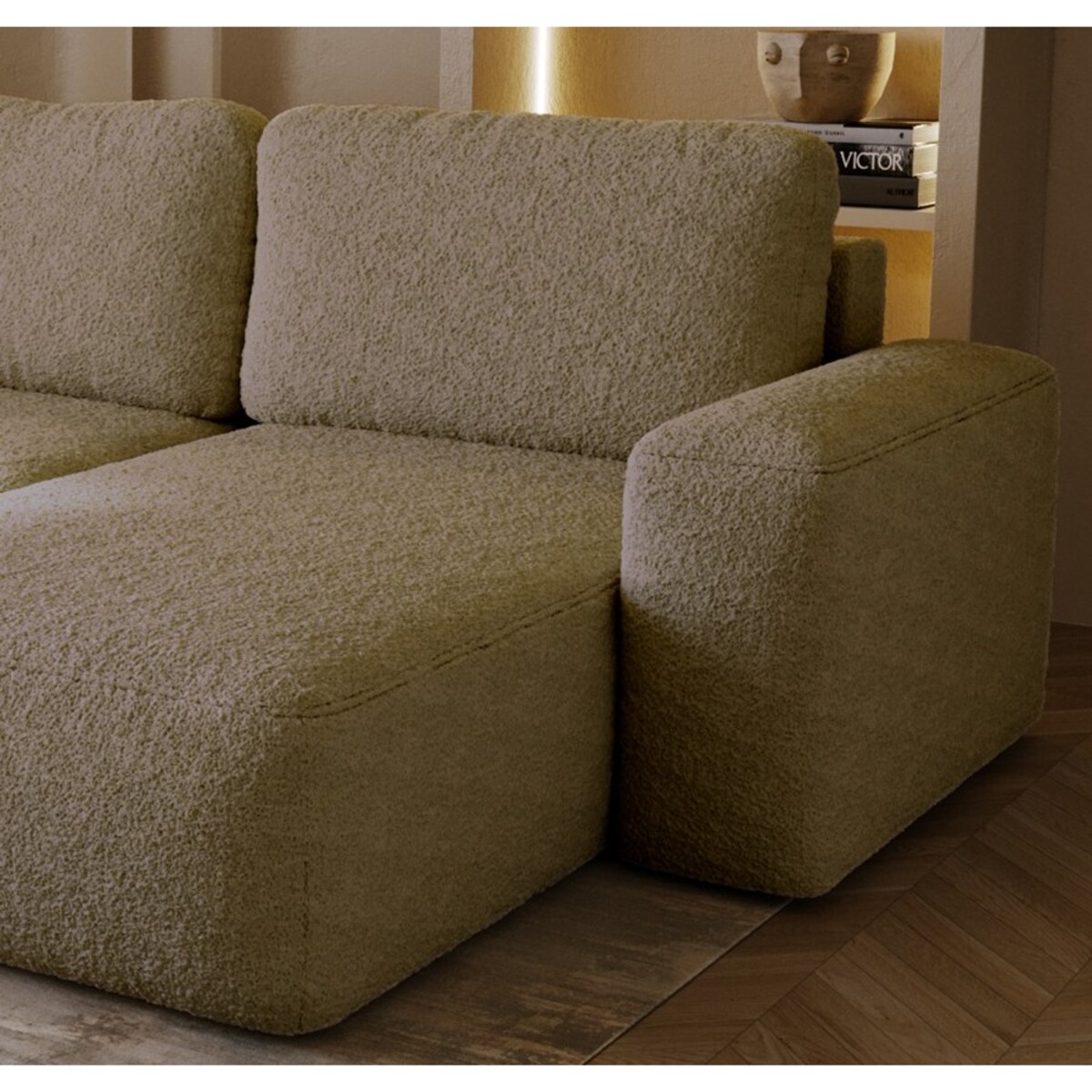 Narożnik Prawy ILO z funkcją spania i pojemnikiem na pościel, ciemny beż