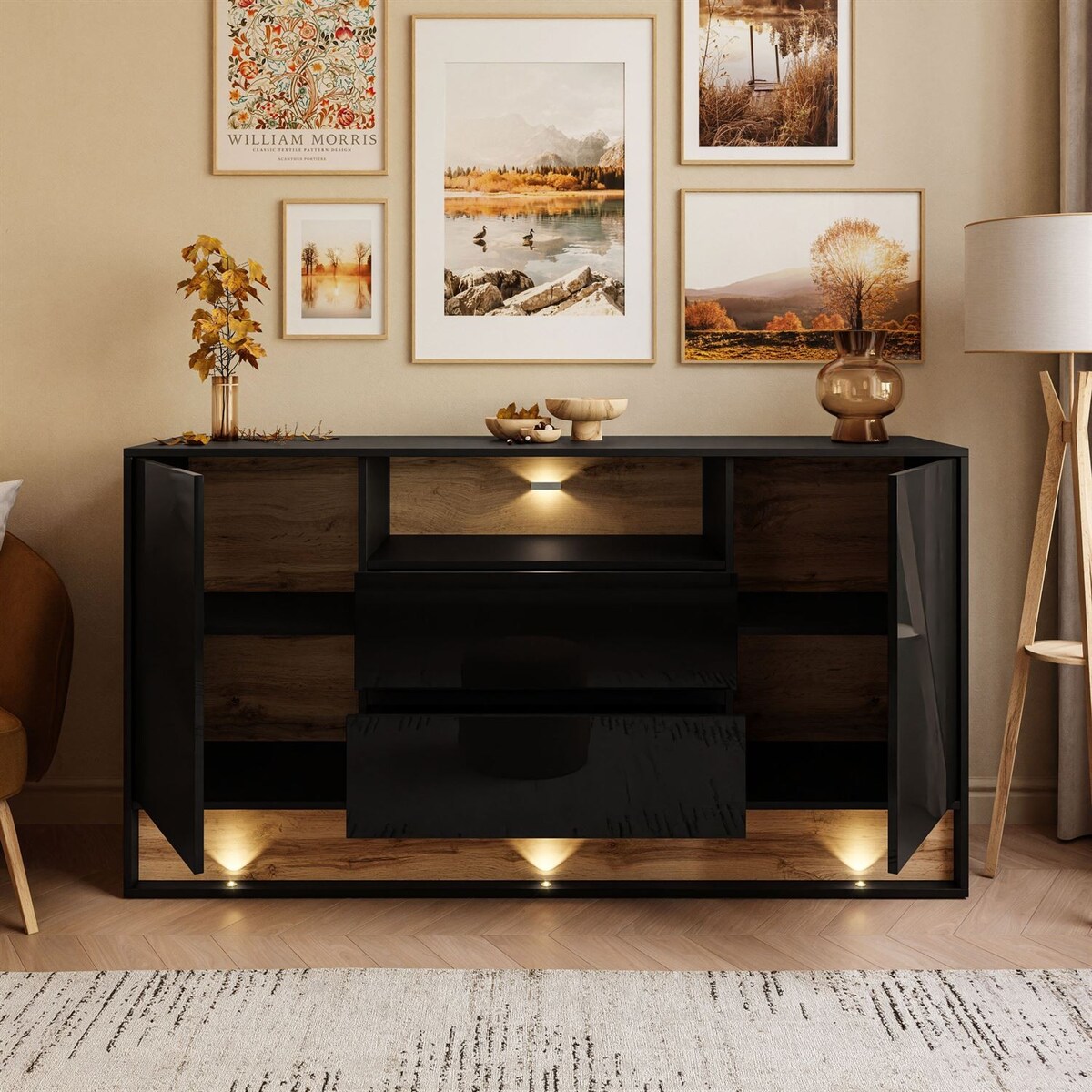 Komoda z szufladami VILLA z wstawką dąb wotan, czarny + dąb wotan