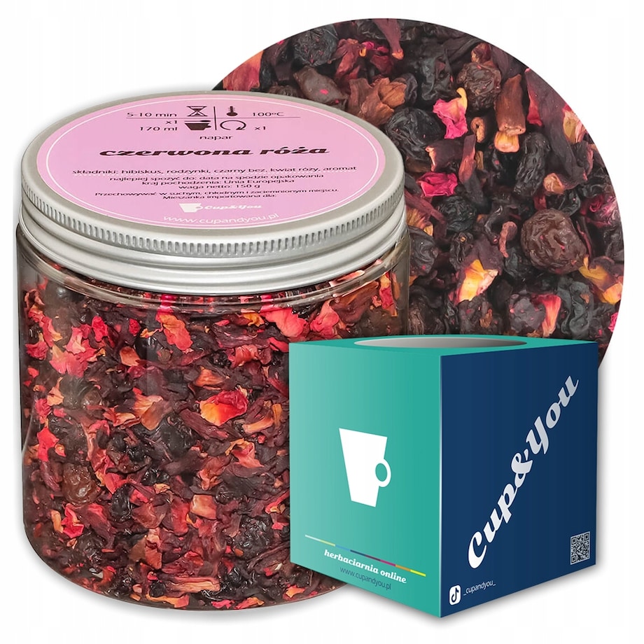 Herbata owocowa CZERWONA RÓŻA o delikatnie różanym smaku z nutą malin - herbata liściasta sypana mieszanka napar susz - gotowa na prezent upominek