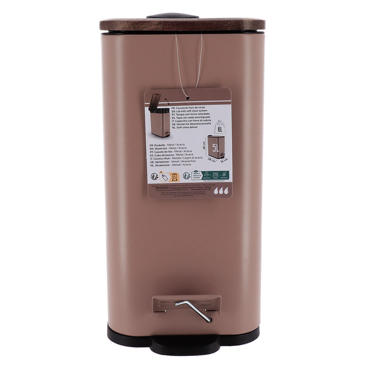 Wąski kosz do śmieci do łazienki MONO z drewnianą pokrywą, 5 l